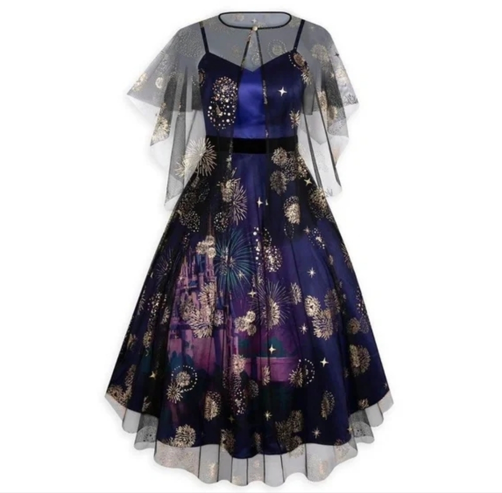 Disney Shop Parks 50th Castle And Fireworks Dress + Capelet Retro Pinup Sz 18